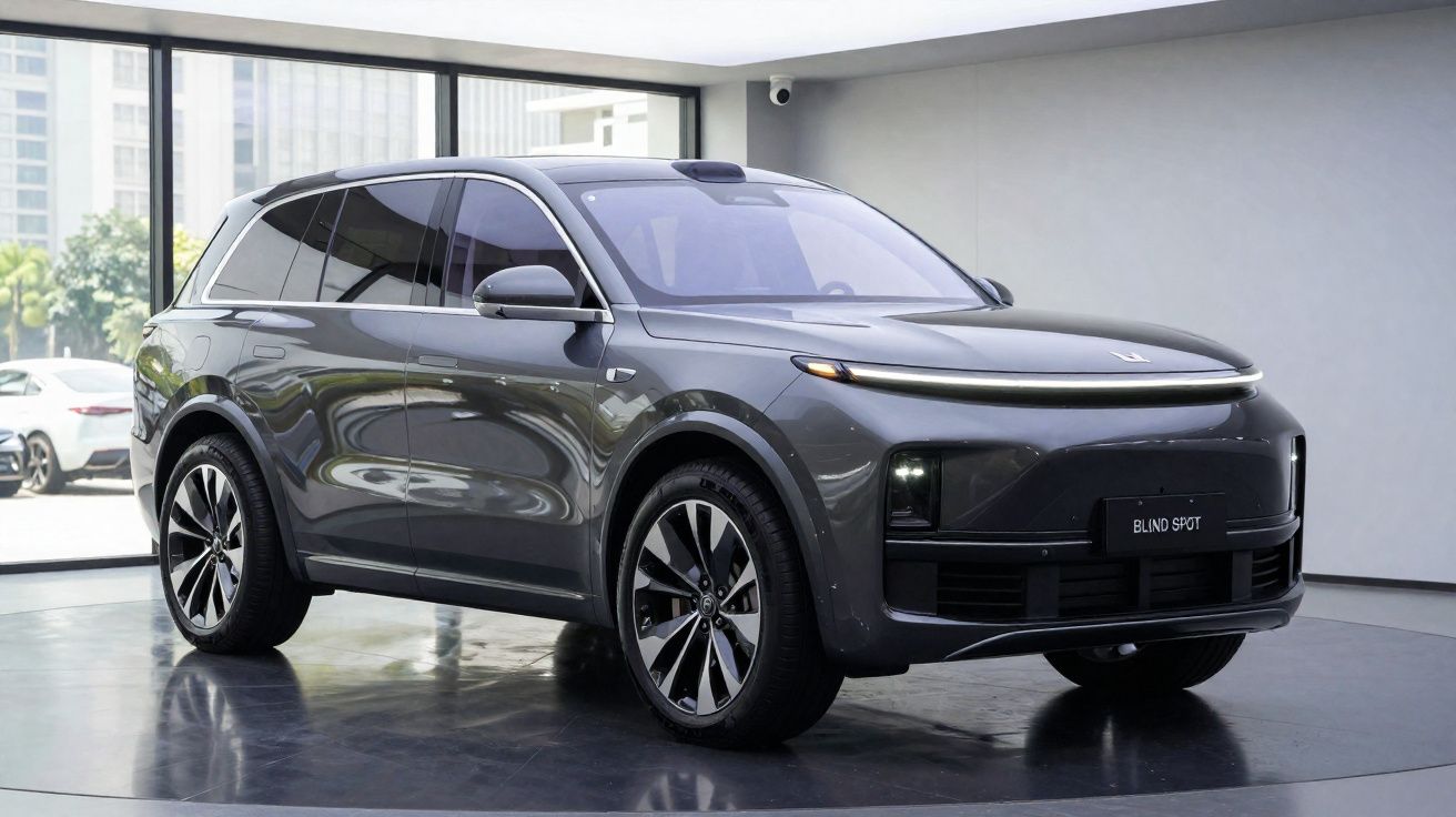 Carro SUV elétrico cinza estacionado numa sala moderna com janelas grandes e iluminação natural.