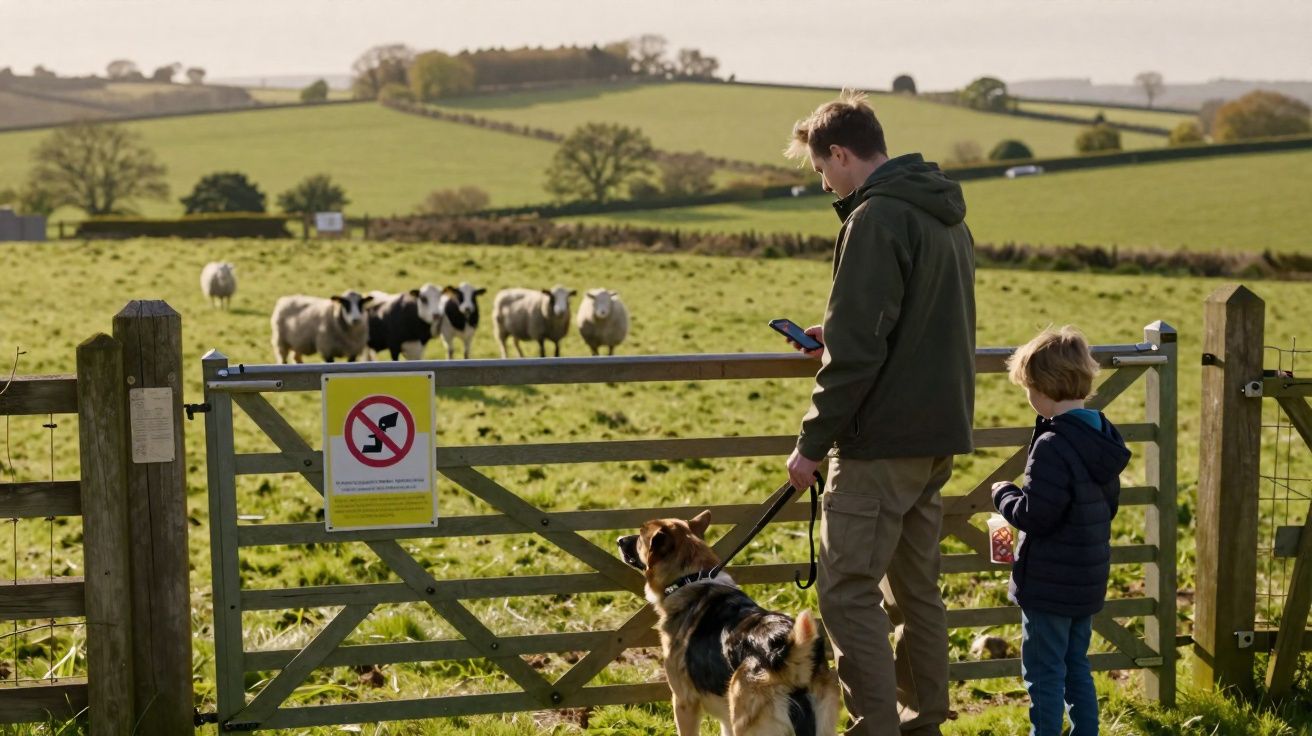 Homem, criança e cão junto a portão, observando ovelhas num campo verde rural.