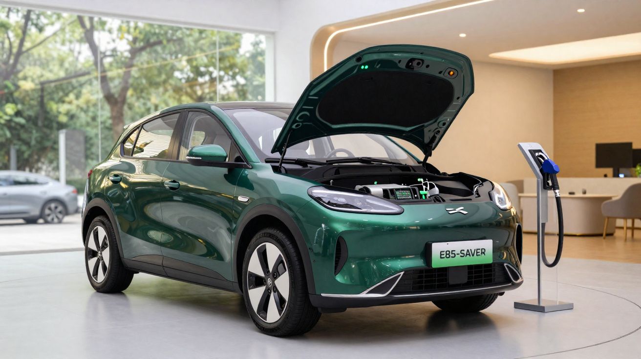 Carro elétrico verde com capô aberto junto a estação de carregamento em ambiente interior moderno.