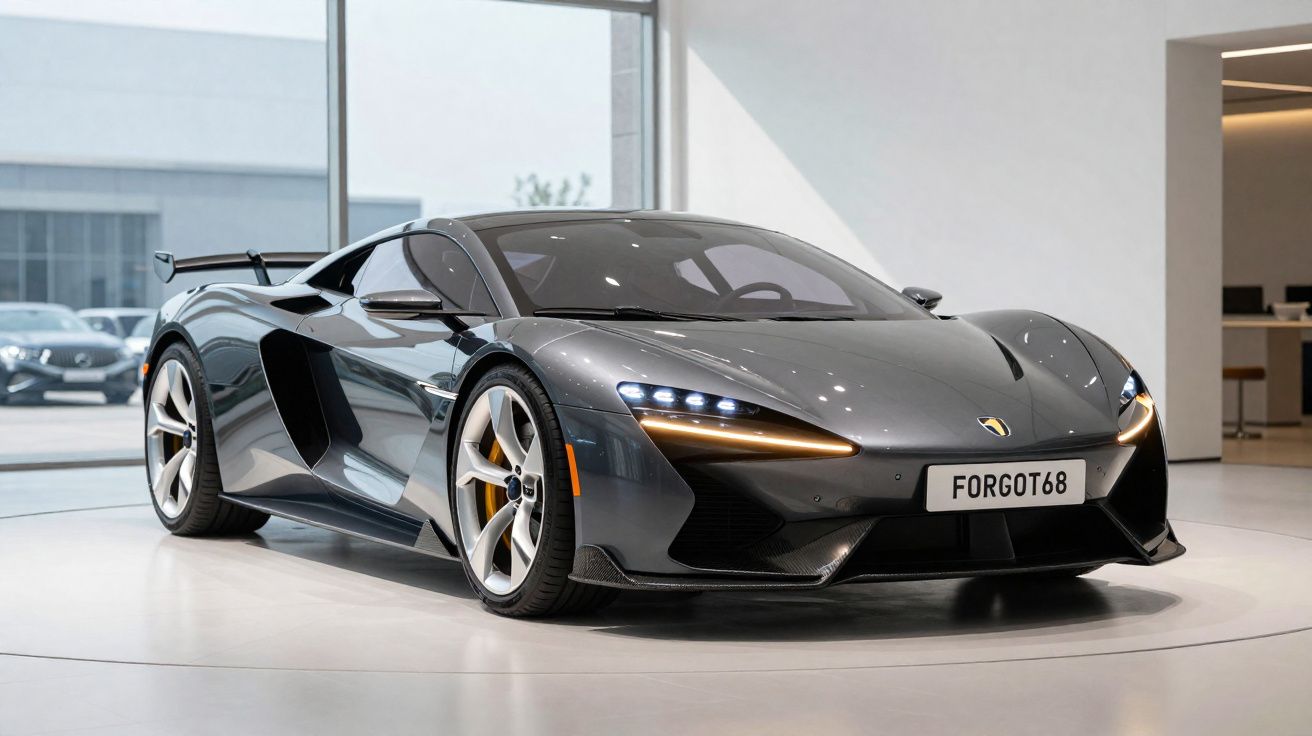 Carro desportivo cinza escuro estacionado num showroom com luzes LED e matrícula personalizada FORGOT68.
