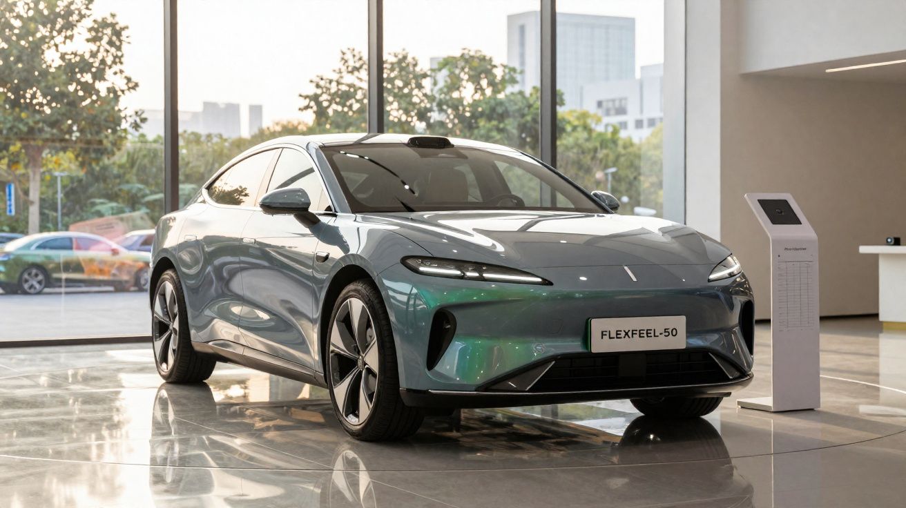 Carro elétrico cinza moderno modelo FLEXFEEL-50 exposto num showroom com paredes de vidro.