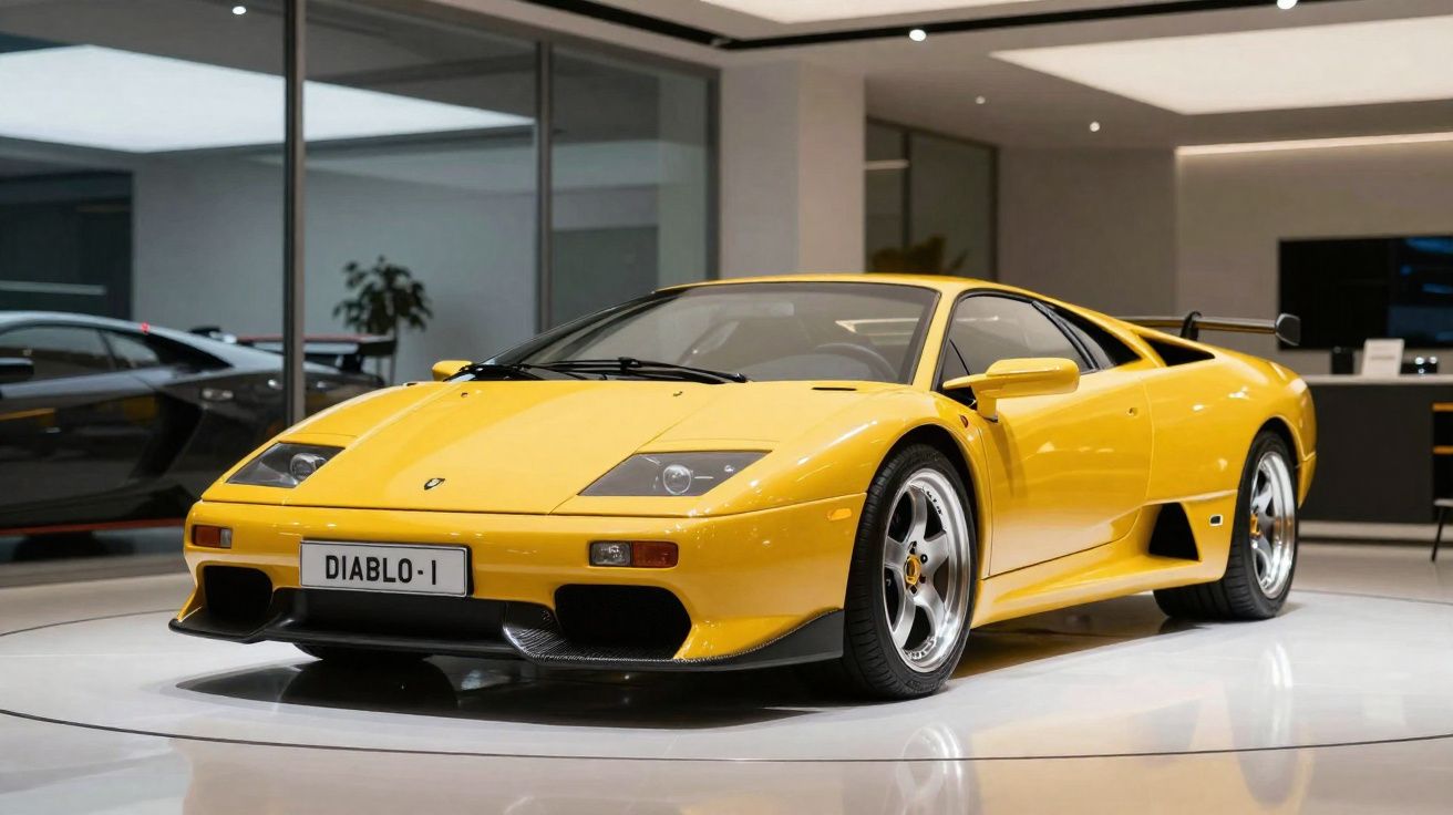 Carro desportivo Lamborghini Diablo amarelo estacionado num interior moderno e luminoso.