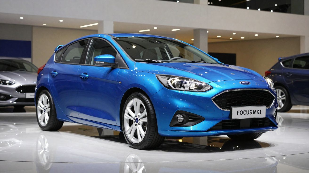 Carro Ford Focus MK1 azul exposto em stand automóvel com piso brilhante e outros carros ao fundo.