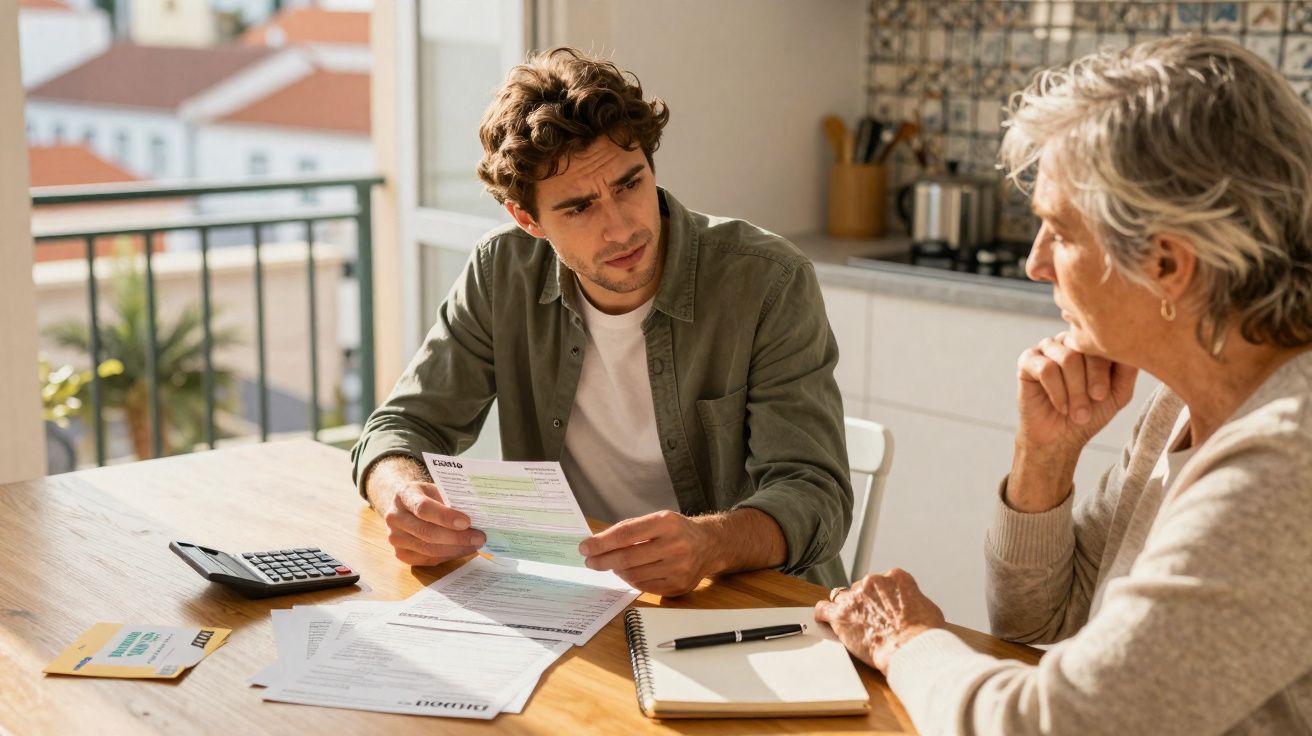 Homem jovem e senhora idosa discutem faturas e documentos sentados à mesa numa cozinha luminosa.