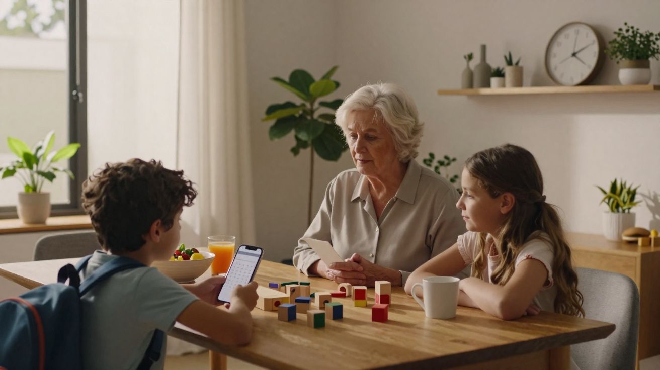 Avó sentada à mesa com neto e neta, brincando com blocos de construção coloridos numa sala iluminada.