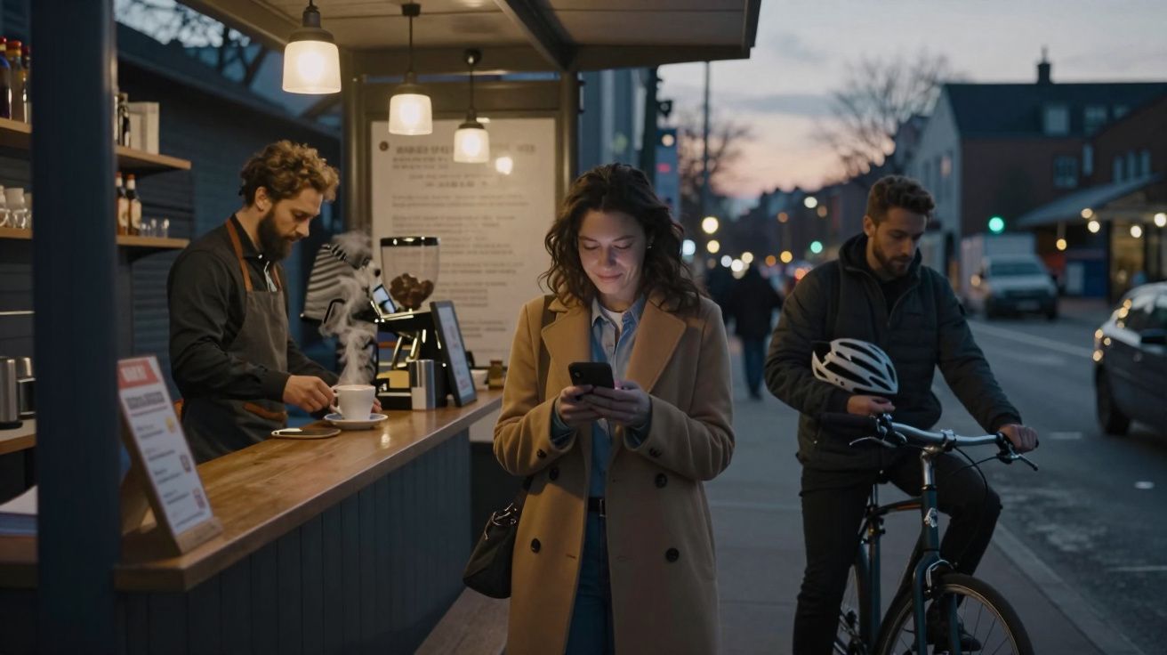 Mulher a usar telemóvel num café ao ar livre ao entardecer, com barista e homem com bicicleta ao fundo.