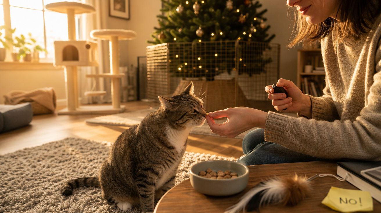 Mulher a dar um petisco a um gato num ambiente acolhedor com árvore de Natal e brinquedos do gato.