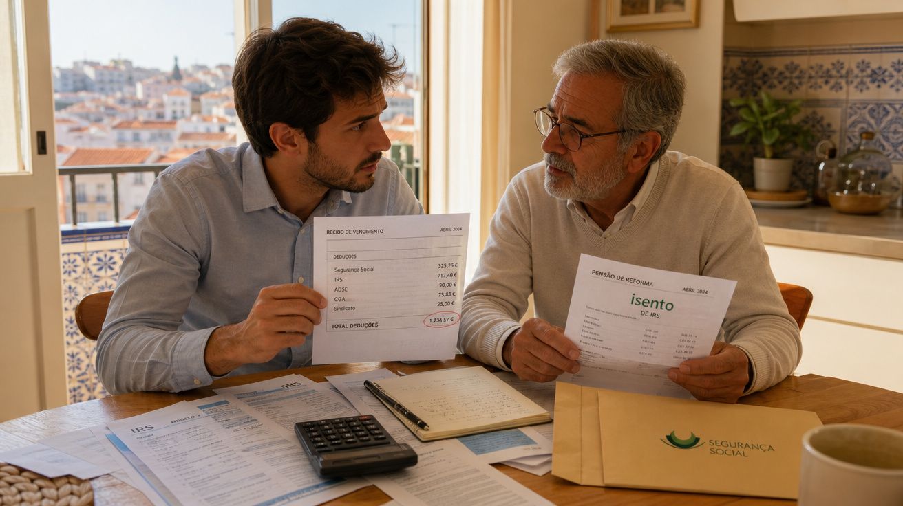 Homem jovem e idoso a analisar documentos financeiros numa mesa com vista para a cidade.